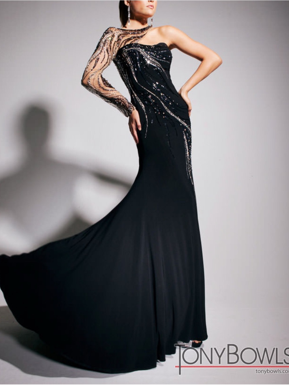 Tony Bowls Black One-Shoulder Backless Sequin Beaded Evening Gown Prom Dress